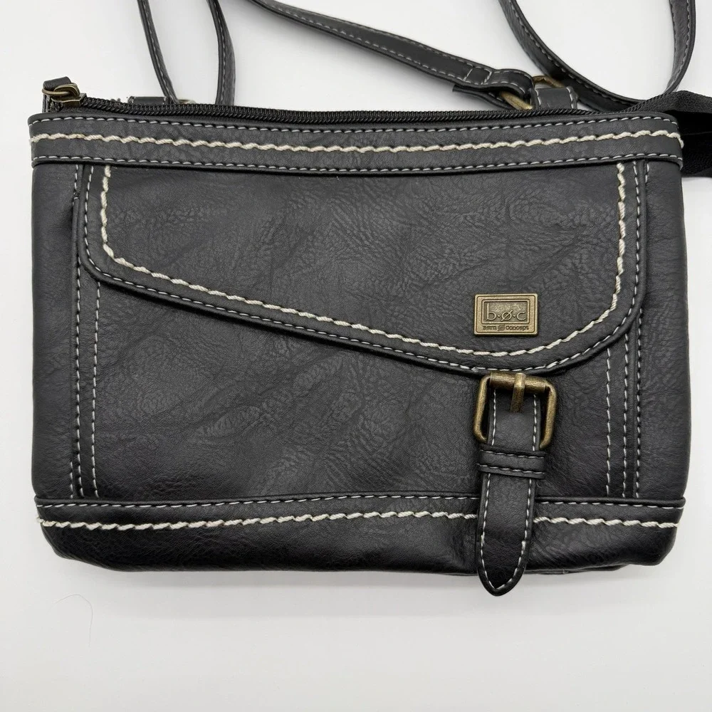 b.o.c. Faux Leather Crossbody Adjustable Strap Black White Stitching Buckle
